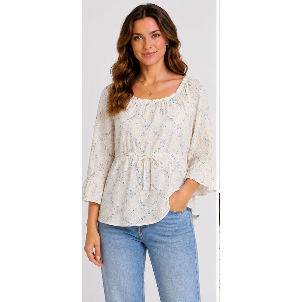 Vintage Cactus Flower Blouse Medium USA 100% Cotton Boho Peasant Top Womens